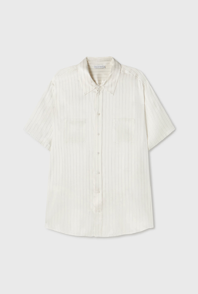 SHORT SLEEVE BOYFRIEND SHIRT WHITE PINSTRIPE