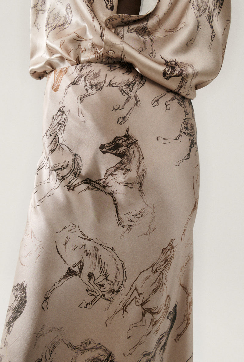 LONG BIAS CUT SKIRT WILD HORSES