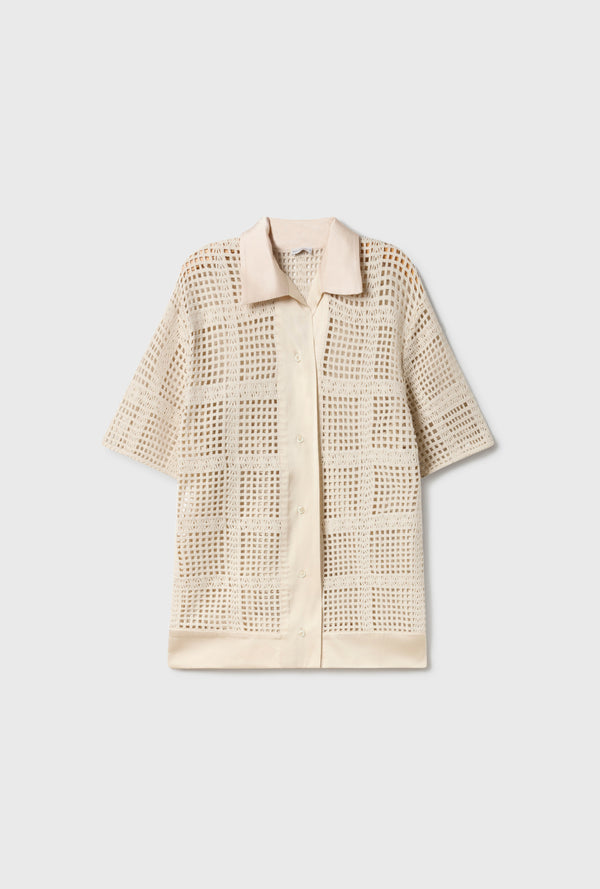 COTTON GRID GRANDPA SHIRT NATURAL